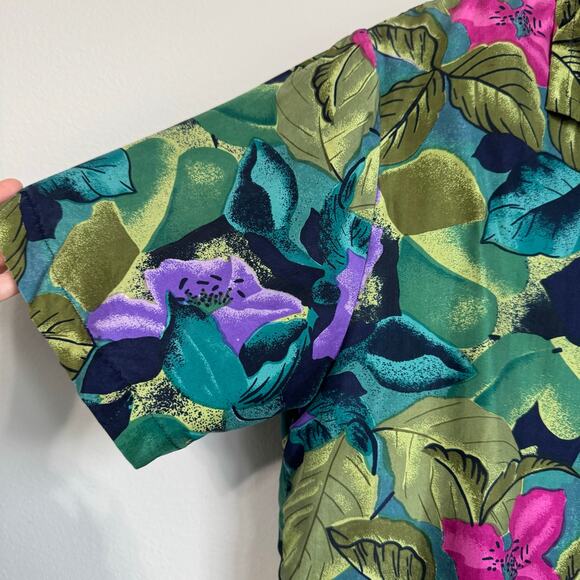 Vintage Women's Silk Shirt Large Floral Button Down Tropical Shoulder Pads 80s - Picture 4 of 10